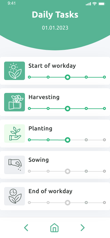 2023 Daily Tasks screen: curved green header and five task rows, each with a row of progress dots.