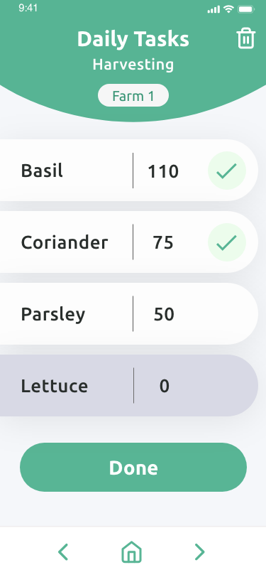 2023 Harvesting screen: crop rows for Basil, Coriander, Parsley and Lettuce with amounts and check marks, and a back, home, forward bar at the bottom.