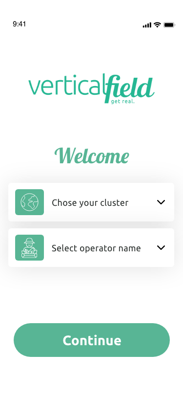 2023 log in screen: Vertical Field logo, a script 'Welcome', two dropdowns for cluster and operator name, and a Continue button.