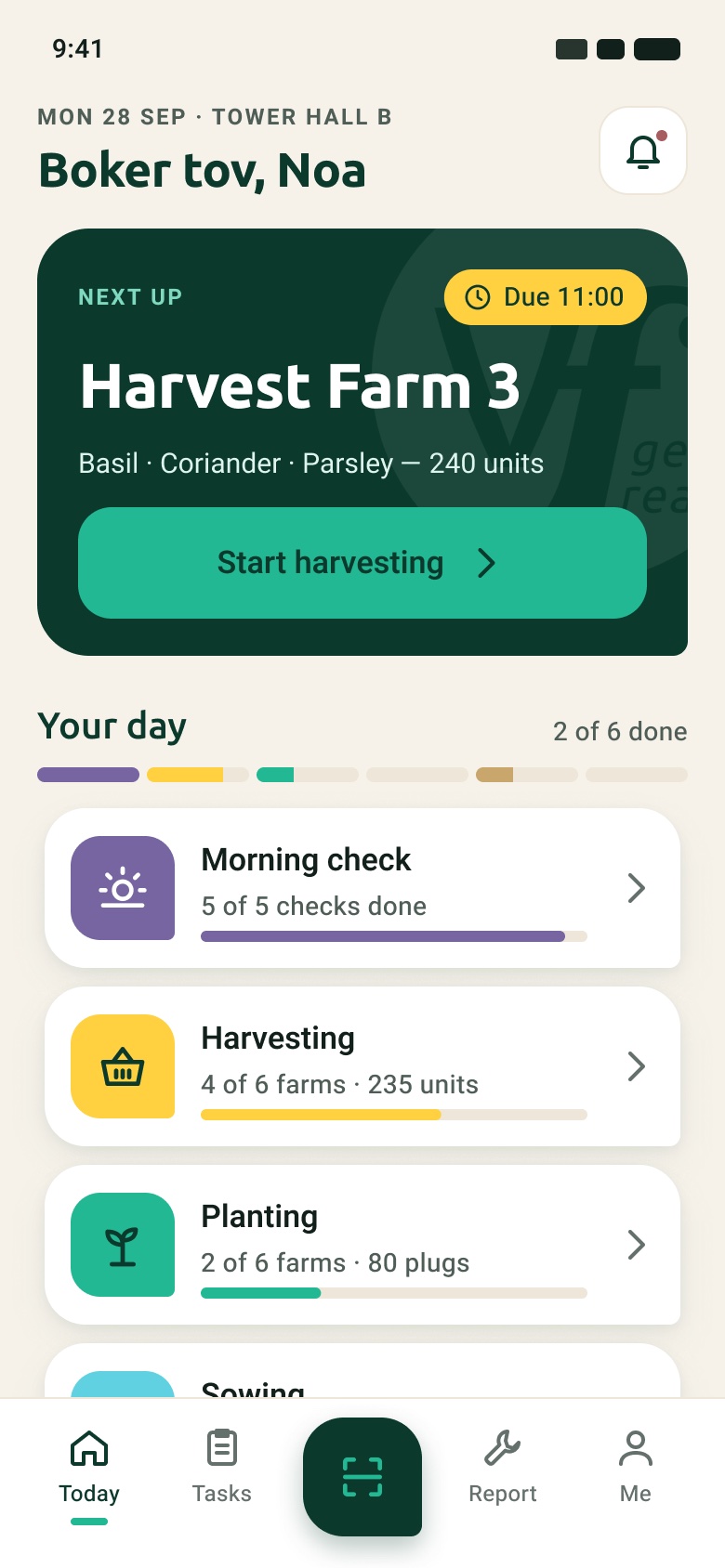 2026 Today screen: greeting, a dark 'Next up: Harvest Farm 3' card with a Start harvesting button, a colour-coded day progress bar and task cards.