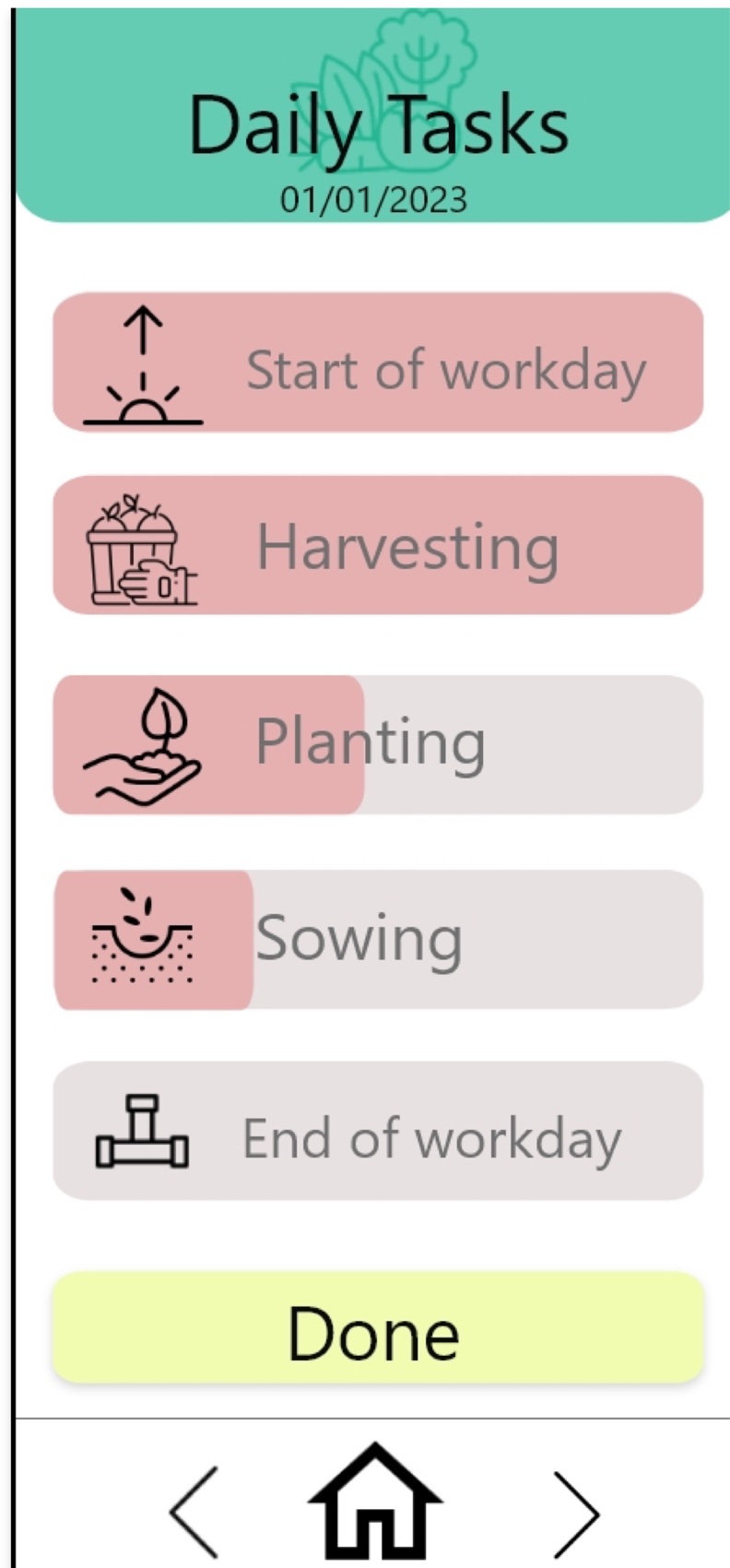 Client wireframe of Daily Tasks: five pink and grey rows, a yellow Done button and a back, home, forward bar.